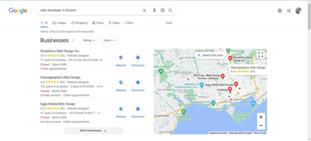 website development company in Toronto showing google my business result. 