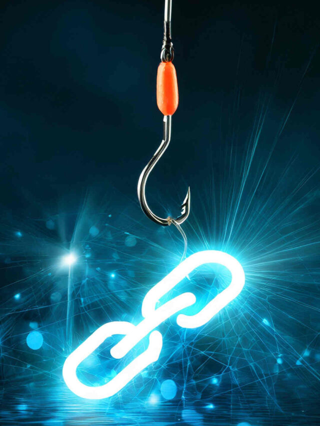 A fishing hook with a glowing link icon as bait